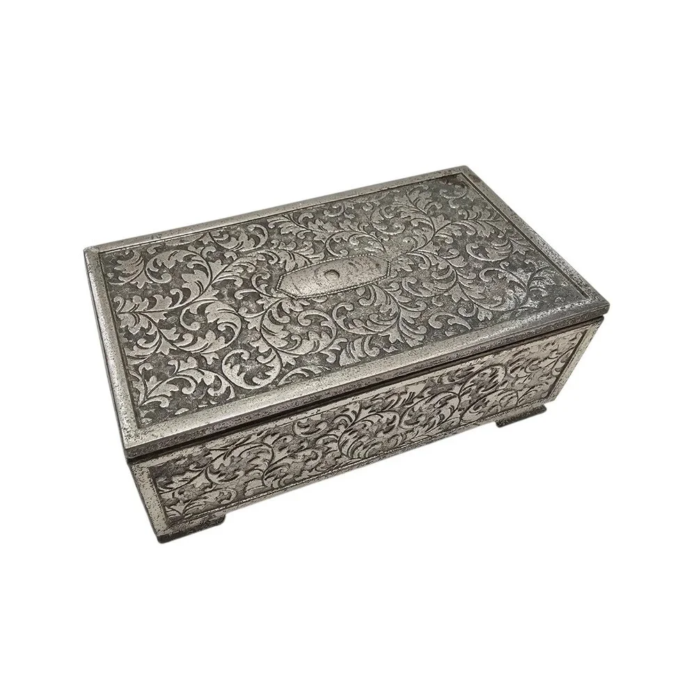 Vintage Ornate Silver Metal Decorative Music Box with Intricate Floral Engraving